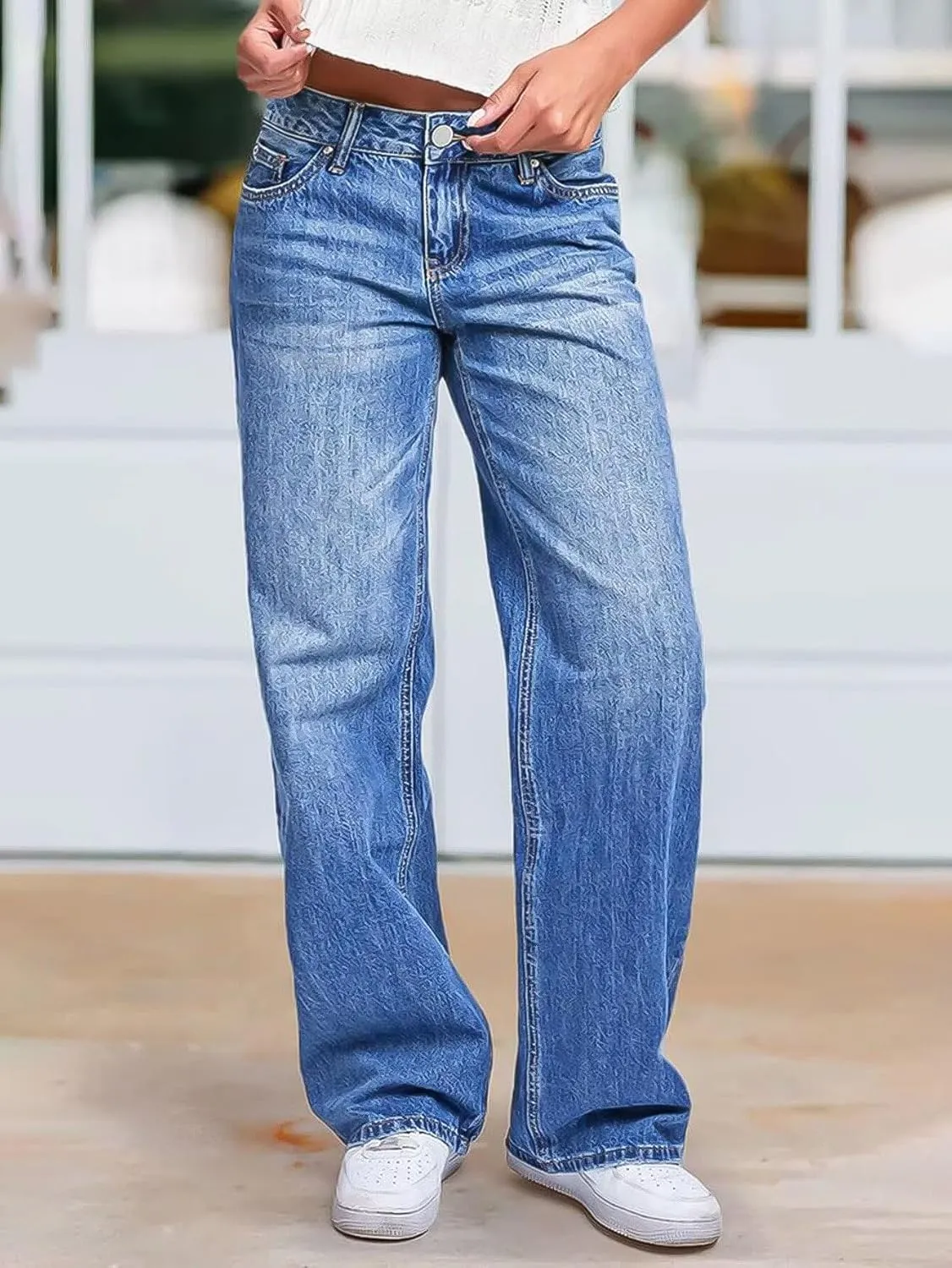 Flamingals Wide Leg Jeans for Women Mid Waist Baggy Stitch Decor Denim Washed Pants Without Belt