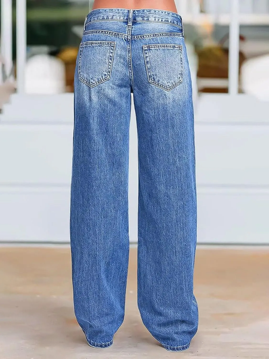 Flamingals Wide Leg Jeans for Women Mid Waist Baggy Stitch Decor Denim Washed Pants Without Belt
