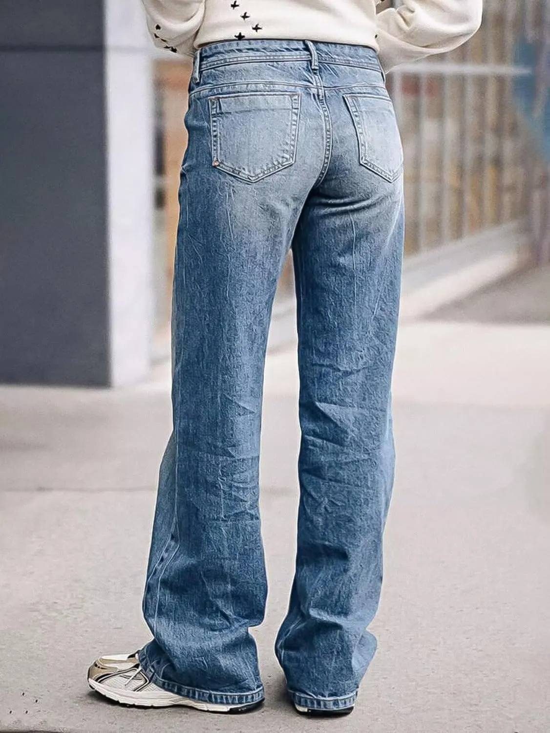 Flamingals Wide Leg Jeans for Women Mid Waist Baggy Stitch Decor Denim Washed Pants Without Belt