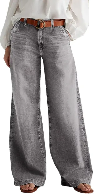 Flamingals Wide Leg Jeans for Women Mid Waist Baggy Stitch Decor Denim Washed Pants Without Belt