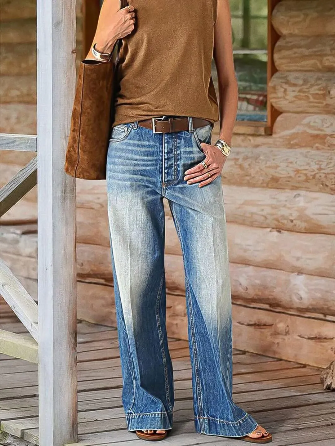 Flamingals Wide Leg Jeans for Women Mid Waist Baggy Stitch Decor Denim Washed Pants Without Belt
