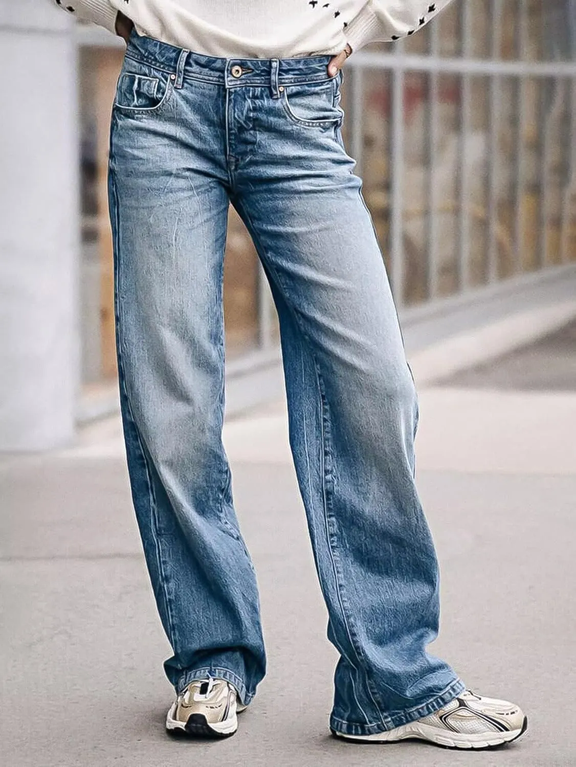 Flamingals Wide Leg Jeans for Women Mid Waist Baggy Stitch Decor Denim Washed Pants Without Belt
