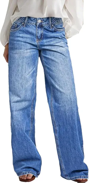 Flamingals Wide Leg Jeans for Women Mid Waist Baggy Stitch Decor Denim Washed Pants Without Belt