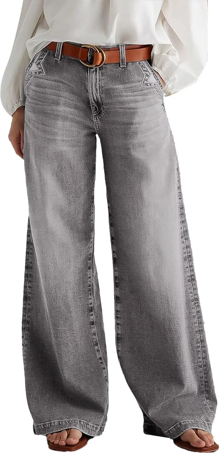 Flamingals Wide Leg Jeans for Women Mid Waist Baggy Stitch Decor Denim Washed Pants Without Belt