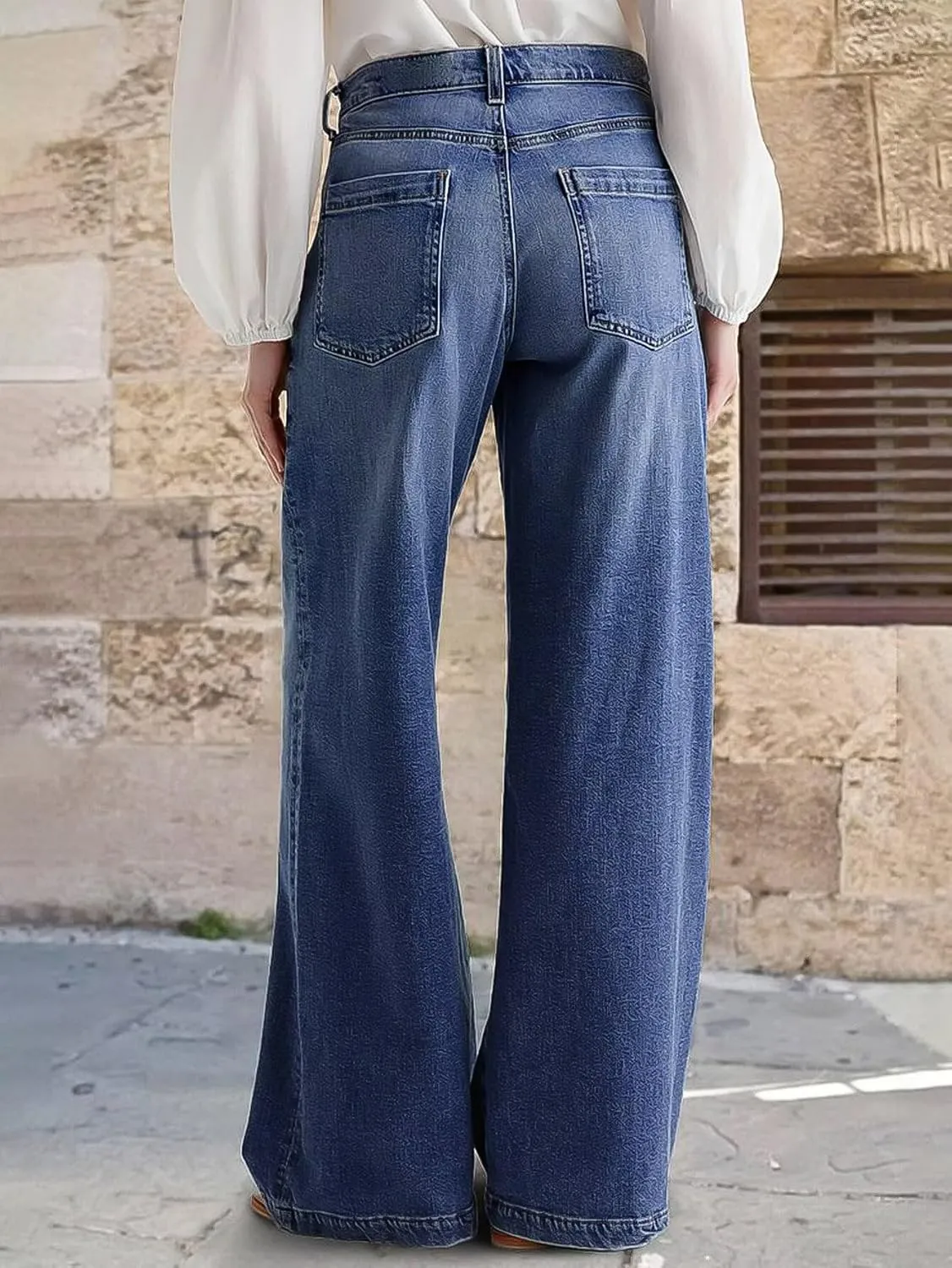Flamingals Wide Leg Jeans for Women Mid Waist Baggy Stitch Decor Denim Washed Pants Without Belt