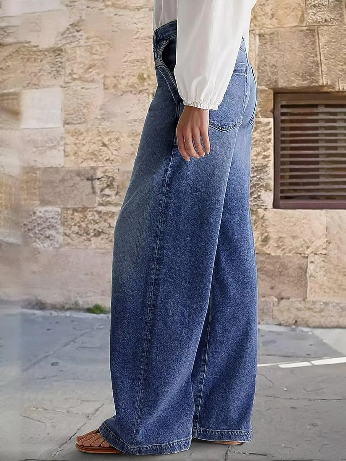 Flamingals Wide Leg Jeans for Women Mid Waist Baggy Stitch Decor Denim Washed Pants Without Belt