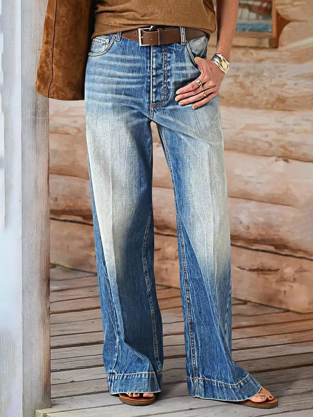Flamingals Wide Leg Jeans for Women Mid Waist Baggy Stitch Decor Denim Washed Pants Without Belt