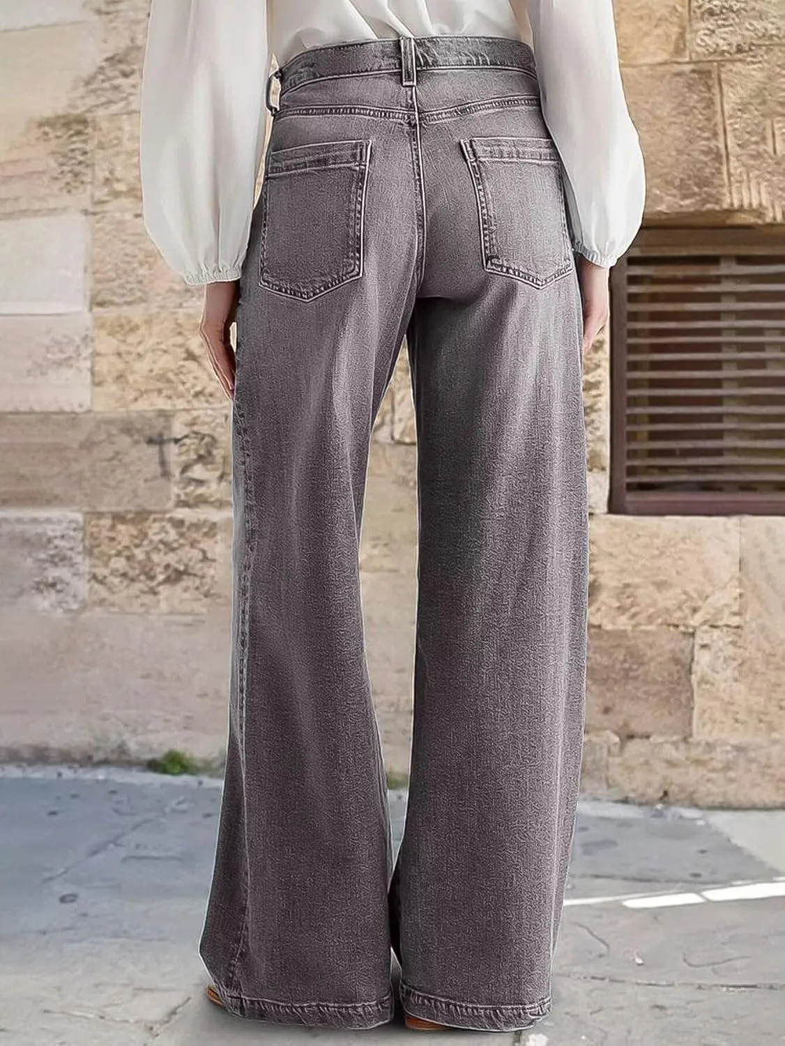 Flamingals Wide Leg Jeans for Women Mid Waist Baggy Stitch Decor Denim Washed Pants Without Belt