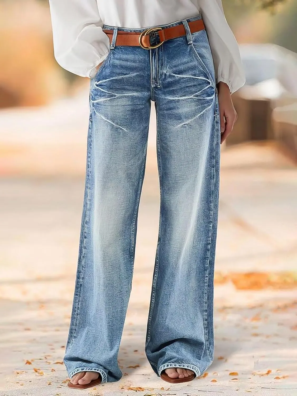 Flamingals Wide Leg Jeans for Women Mid Waist Baggy Stitch Decor Denim Washed Pants Without Belt