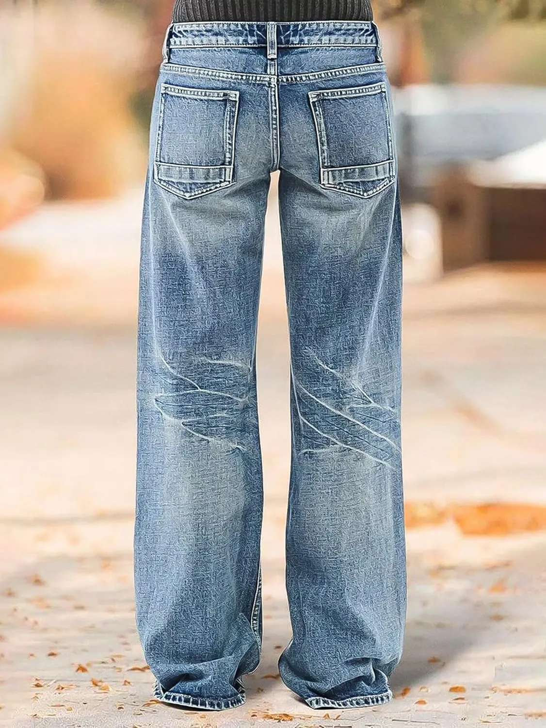 Flamingals Wide Leg Jeans for Women Mid Waist Baggy Stitch Decor Denim Washed Pants Without Belt