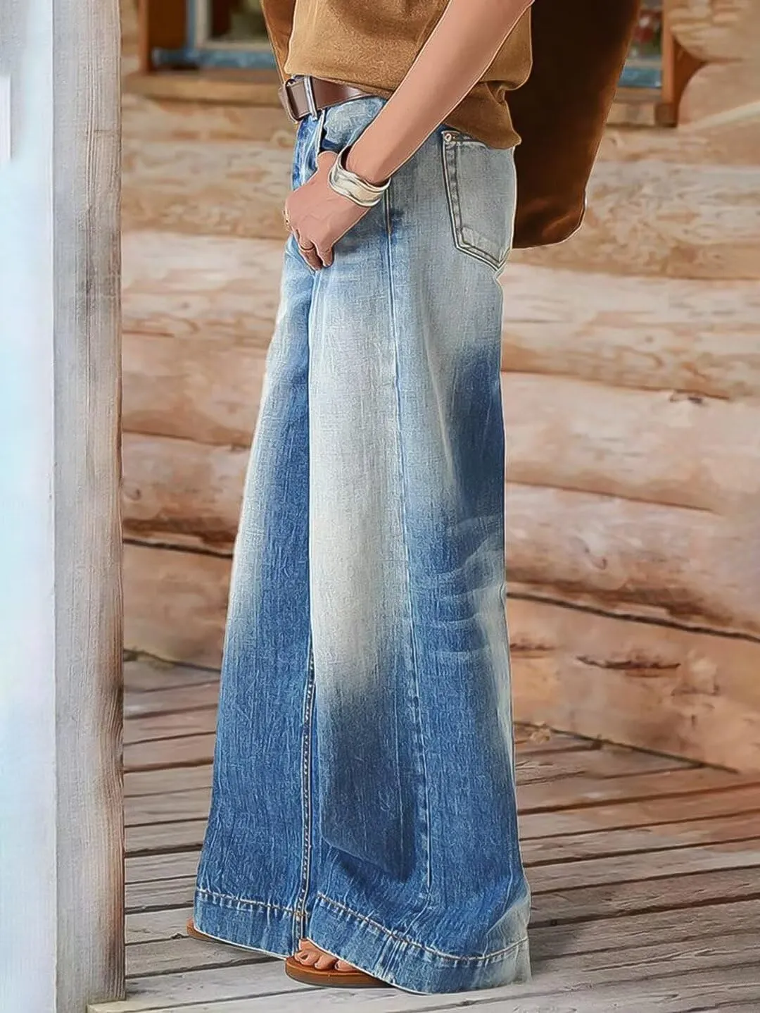 Flamingals Wide Leg Jeans for Women Mid Waist Baggy Stitch Decor Denim Washed Pants Without Belt