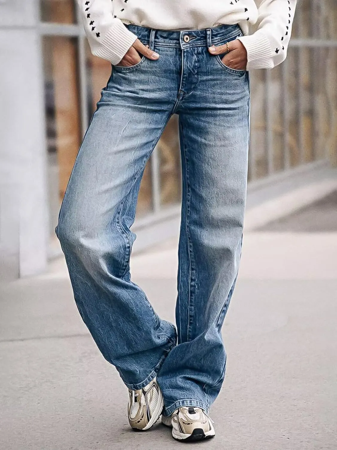 Flamingals Wide Leg Jeans for Women Mid Waist Baggy Stitch Decor Denim Washed Pants Without Belt