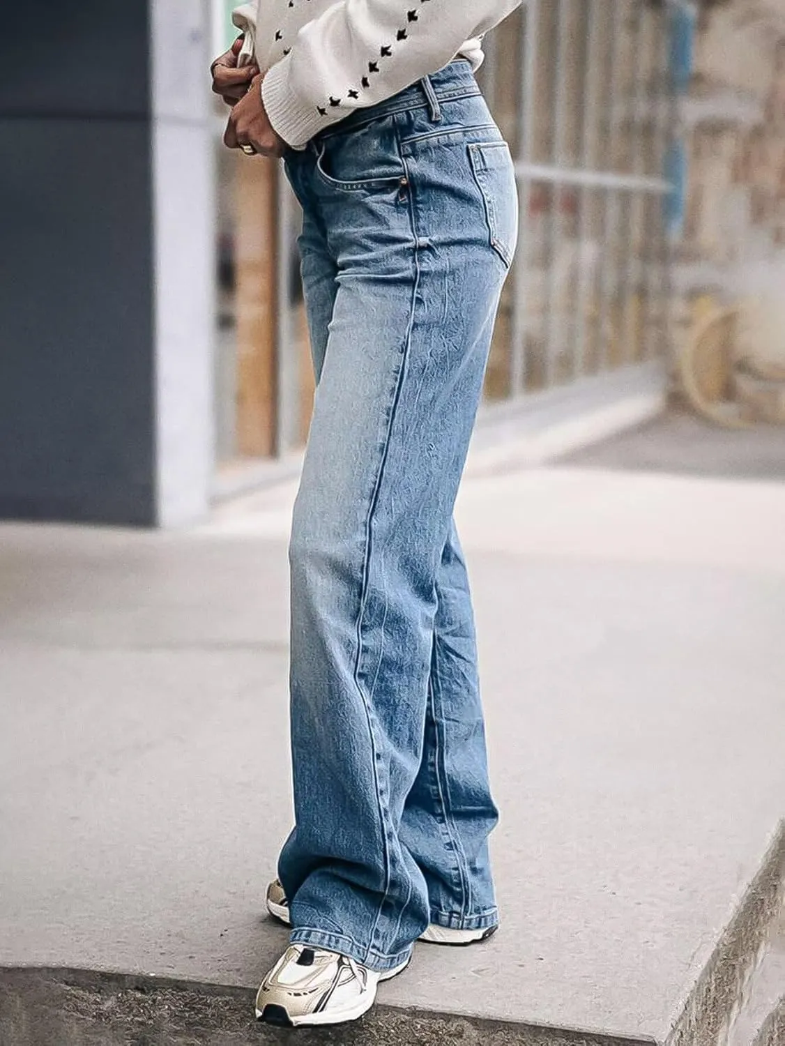 Flamingals Wide Leg Jeans for Women Mid Waist Baggy Stitch Decor Denim Washed Pants Without Belt