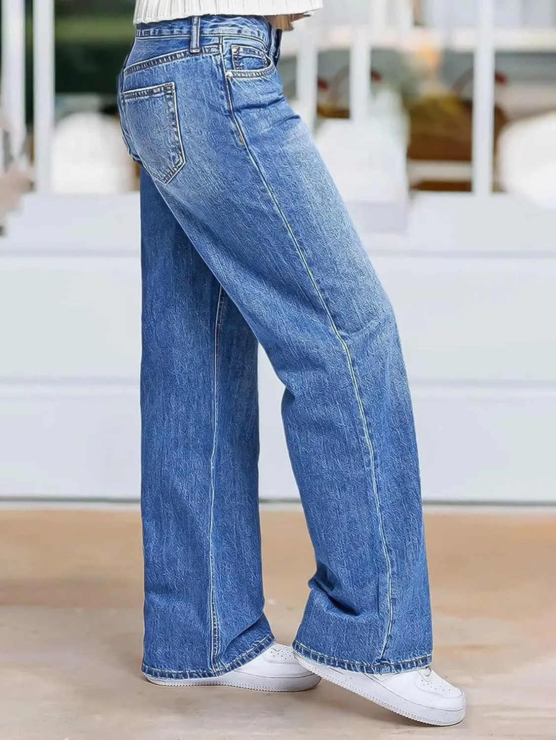 Flamingals Wide Leg Jeans for Women Mid Waist Baggy Stitch Decor Denim Washed Pants Without Belt