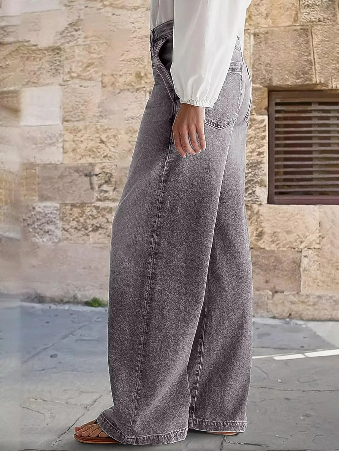 Flamingals Wide Leg Jeans for Women Mid Waist Baggy Stitch Decor Denim Washed Pants Without Belt