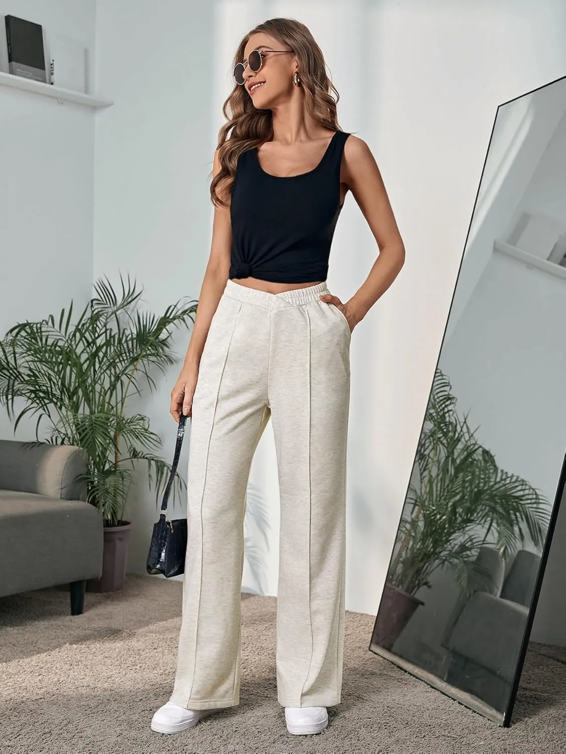 Floerns Women's Causal Drawstring High Waist Baggy Straight Wide Leg Sweatpants with Pockets