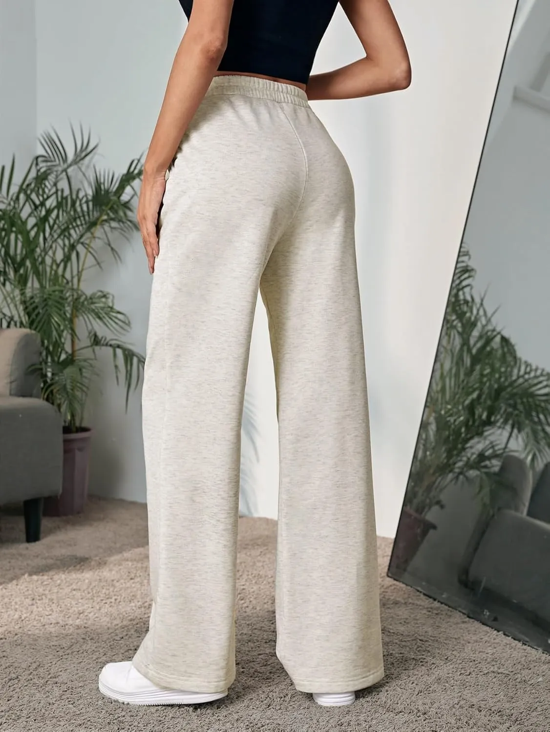 Floerns Women's Causal Drawstring High Waist Baggy Straight Wide Leg Sweatpants with Pockets