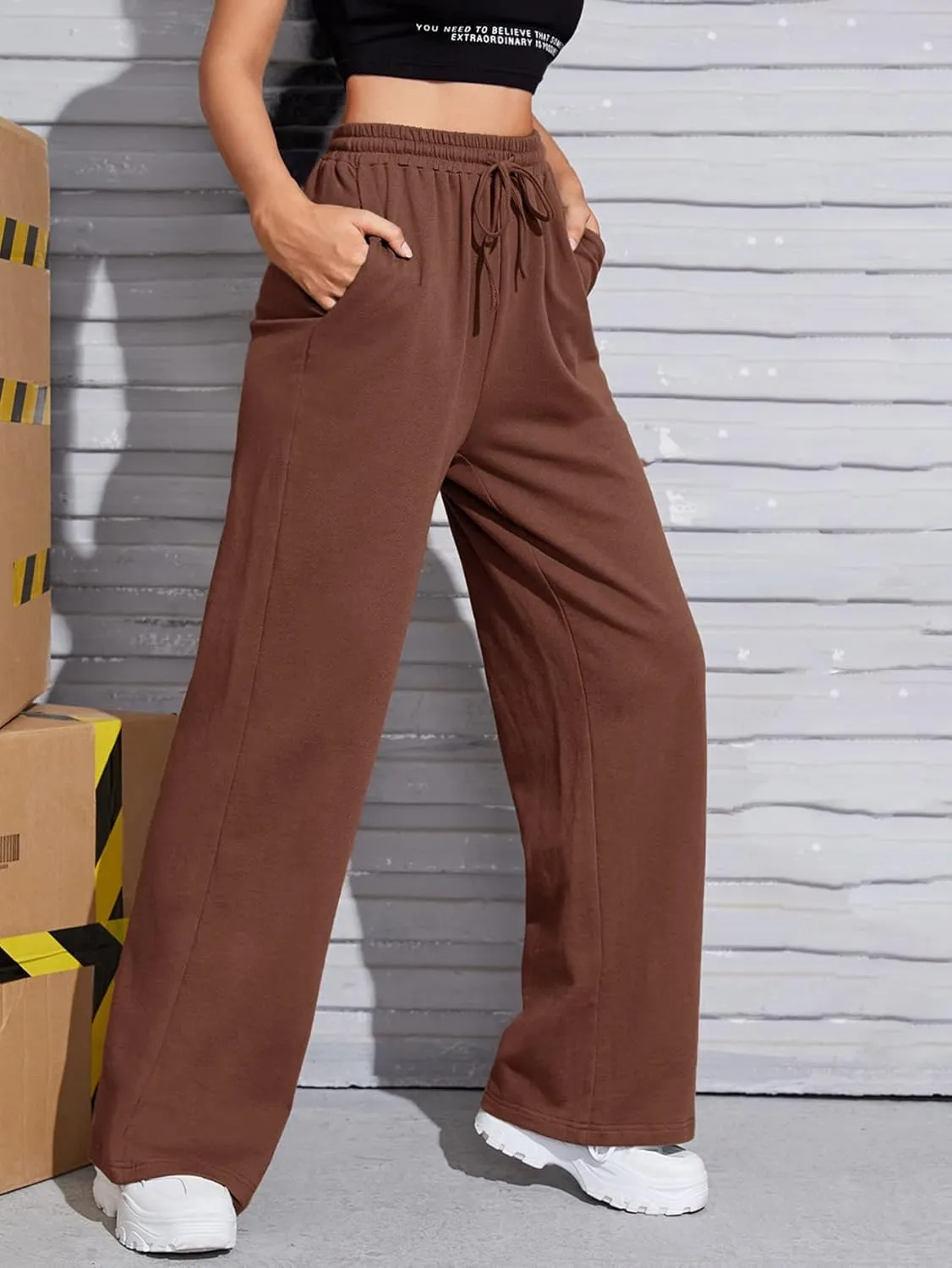 Floerns Women's Causal Drawstring High Waist Baggy Straight Wide Leg Sweatpants with Pockets