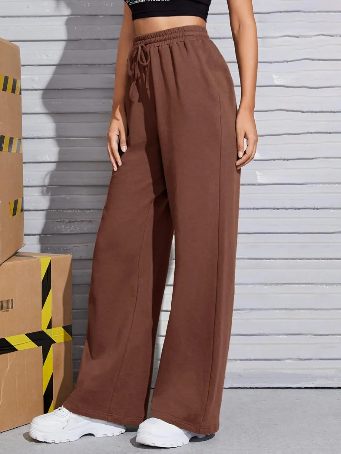 Floerns Women's Causal Drawstring High Waist Baggy Straight Wide Leg Sweatpants with Pockets