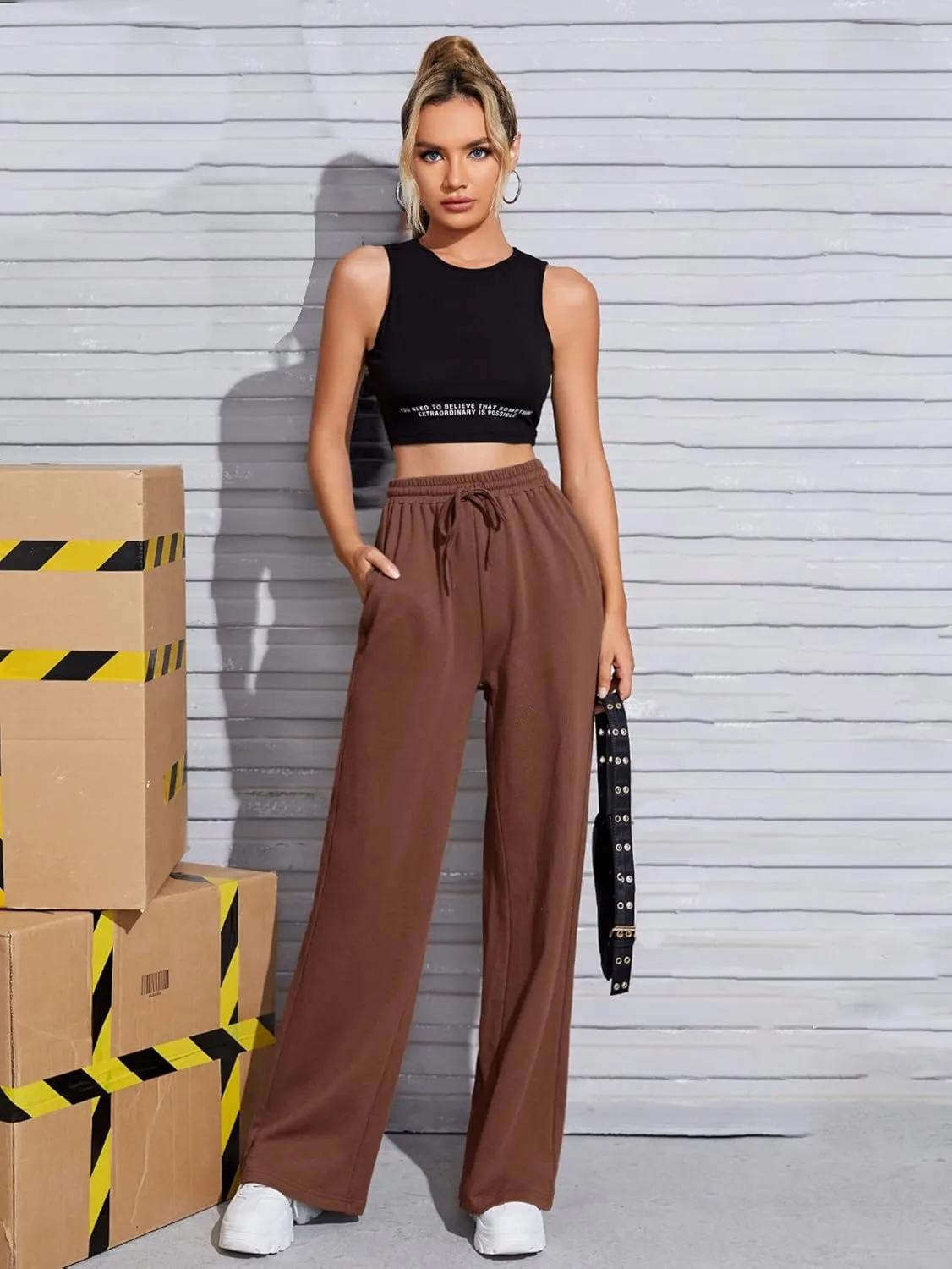 Floerns Women's Causal Drawstring High Waist Baggy Straight Wide Leg Sweatpants with Pockets
