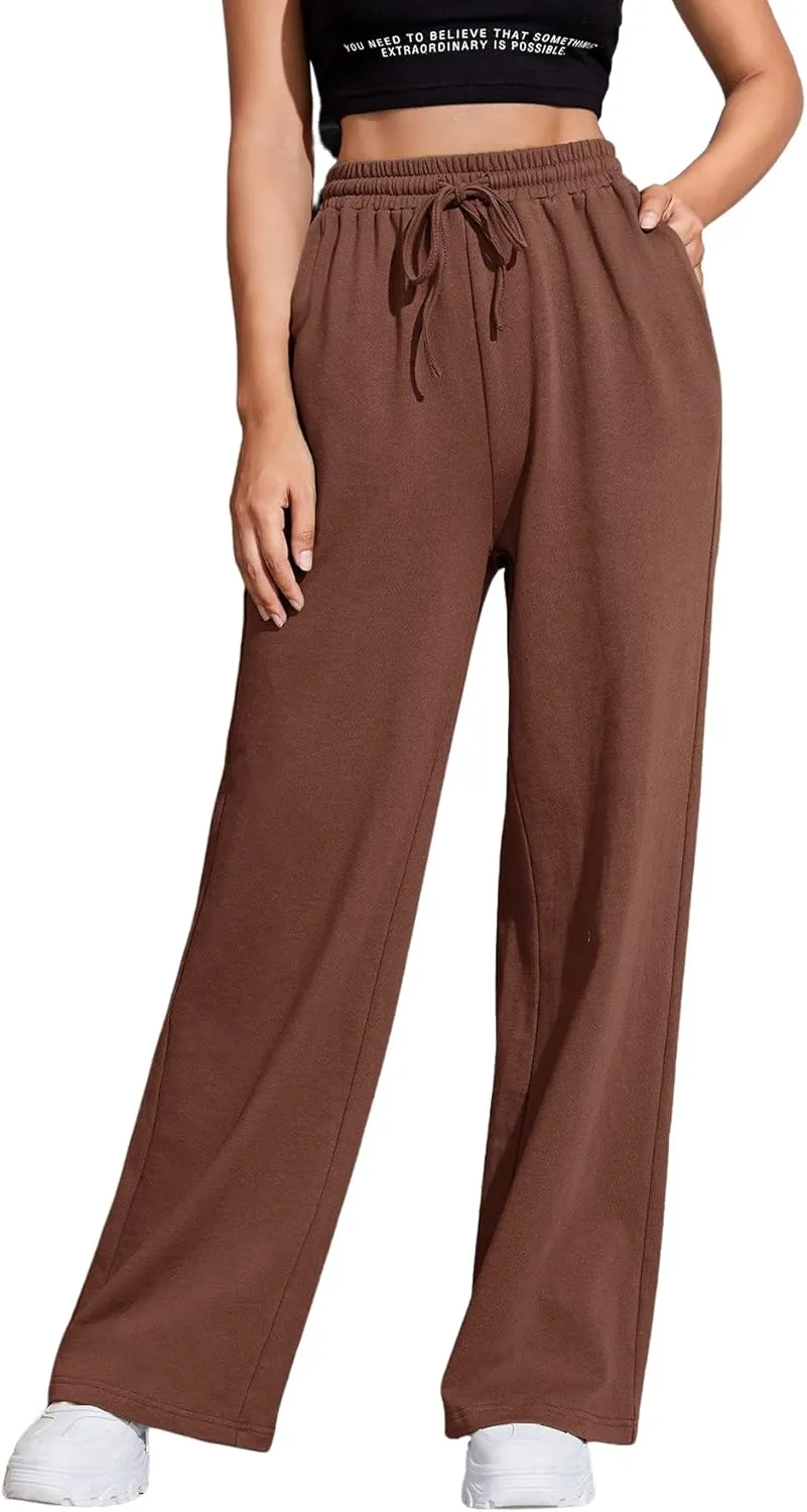 Floerns Women's Causal Drawstring High Waist Baggy Straight Wide Leg Sweatpants with Pockets