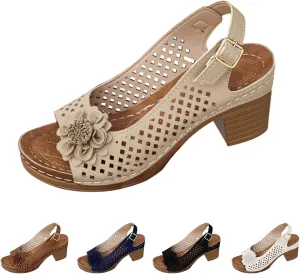 Flower Heels Dress Sandals for Women 2025 Chunky Heel Orthopedic Summer Casual Ankle Strap Hollow Out Dressy Wedge