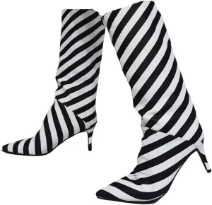 Frankie Hsu Fashion Designer Handmade Black White Zebra Print Women's Large Big Size Synthetic Leather Kitten Stiletto Heels Knee High Heeled Long Calf Boots