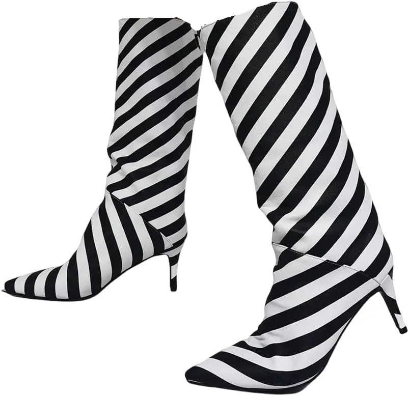 Frankie Hsu Fashion Designer Handmade Black White Zebra Print Women's Large Big Size Synthetic Leather Kitten Stiletto Heels Knee High Heeled Long Calf Boots
