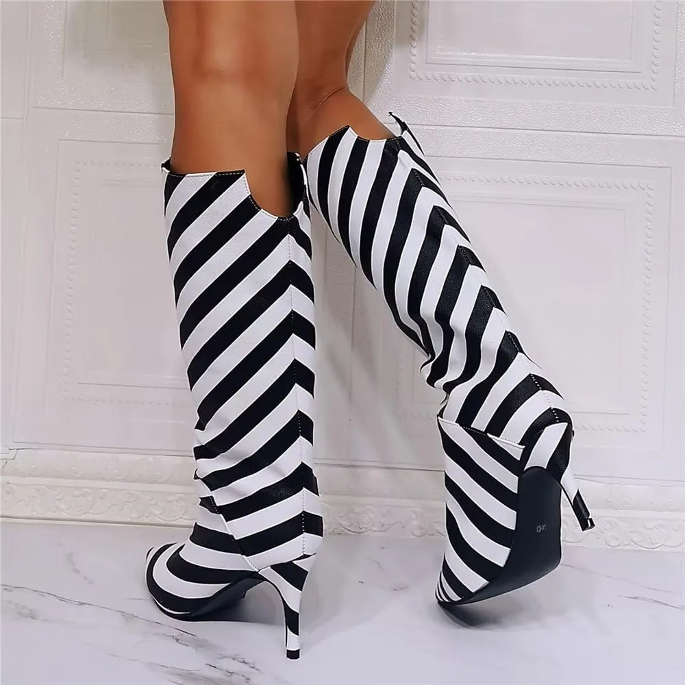 Frankie Hsu Fashion Designer Handmade Black White Zebra Print Women's Large Big Size Synthetic Leather Kitten Stiletto Heels Knee High Heeled Long Calf Boots