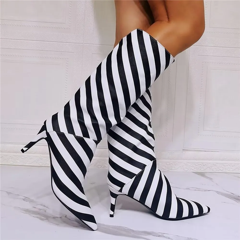 Frankie Hsu Fashion Designer Handmade Black White Zebra Print Women's Large Big Size Synthetic Leather Kitten Stiletto Heels Knee High Heeled Long Calf Boots