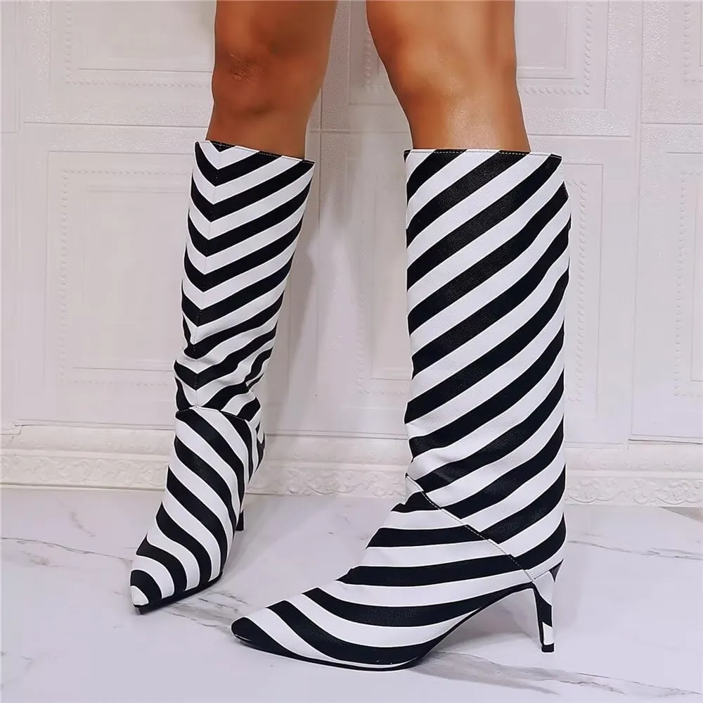 Frankie Hsu Fashion Designer Handmade Black White Zebra Print Women's Large Big Size Synthetic Leather Kitten Stiletto Heels Knee High Heeled Long Calf Boots