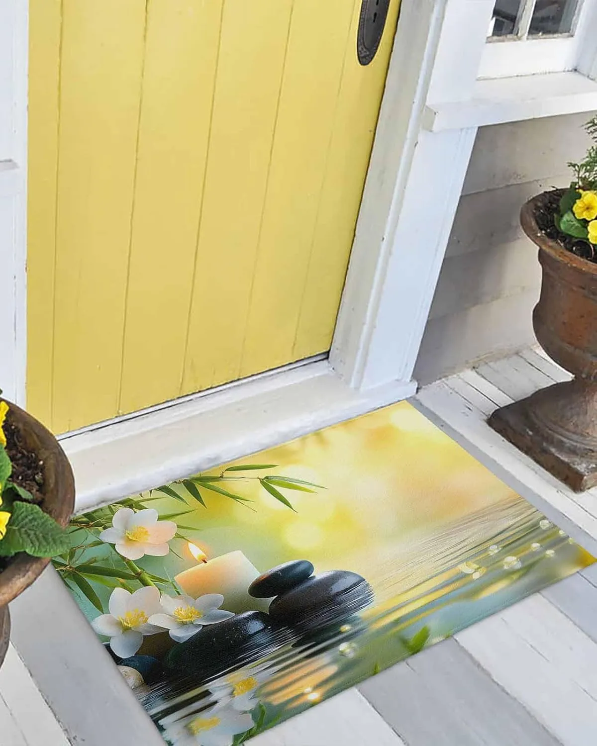 Front Doormat Indoor Outdoor Entrance, Zen Plumeria Flower Stone Non-Slip Door Mats Low Profile Patio Porch Entryway Rugs, 24"x36" Green Leaf Water