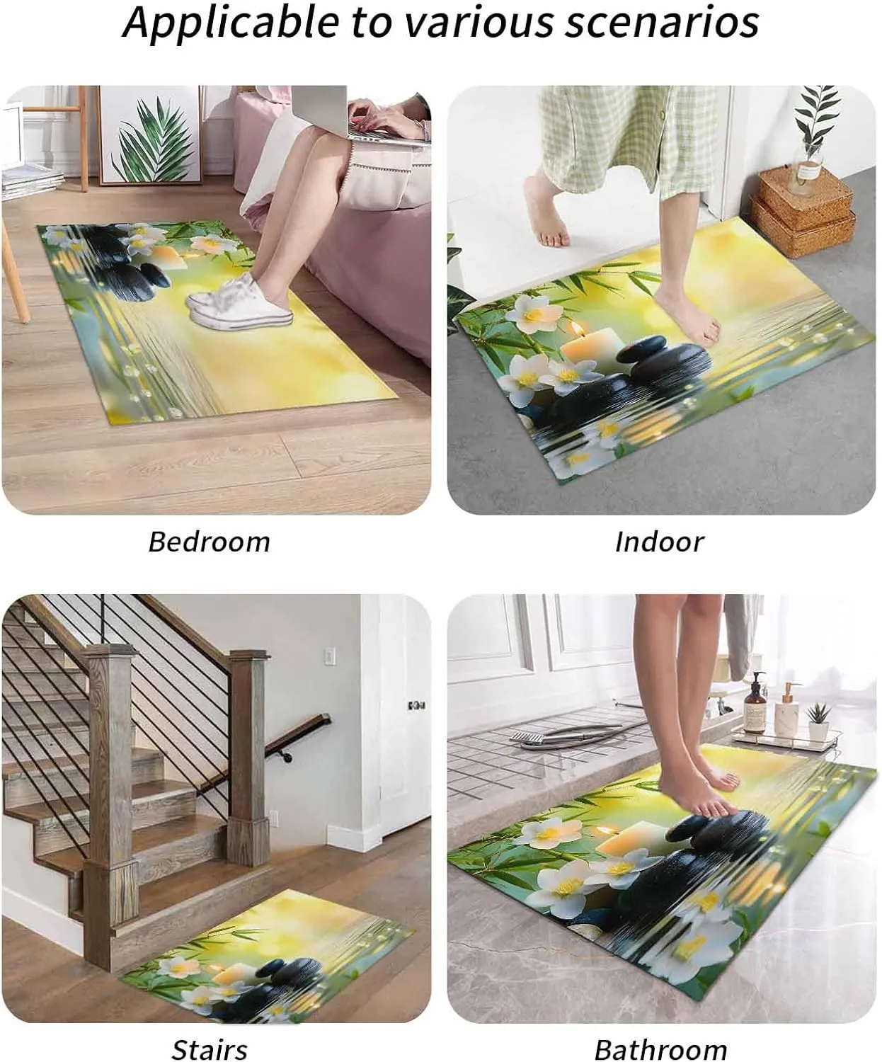 Front Doormat Indoor Outdoor Entrance, Zen Plumeria Flower Stone Non-Slip Door Mats Low Profile Patio Porch Entryway Rugs, 24"x36" Green Leaf Water