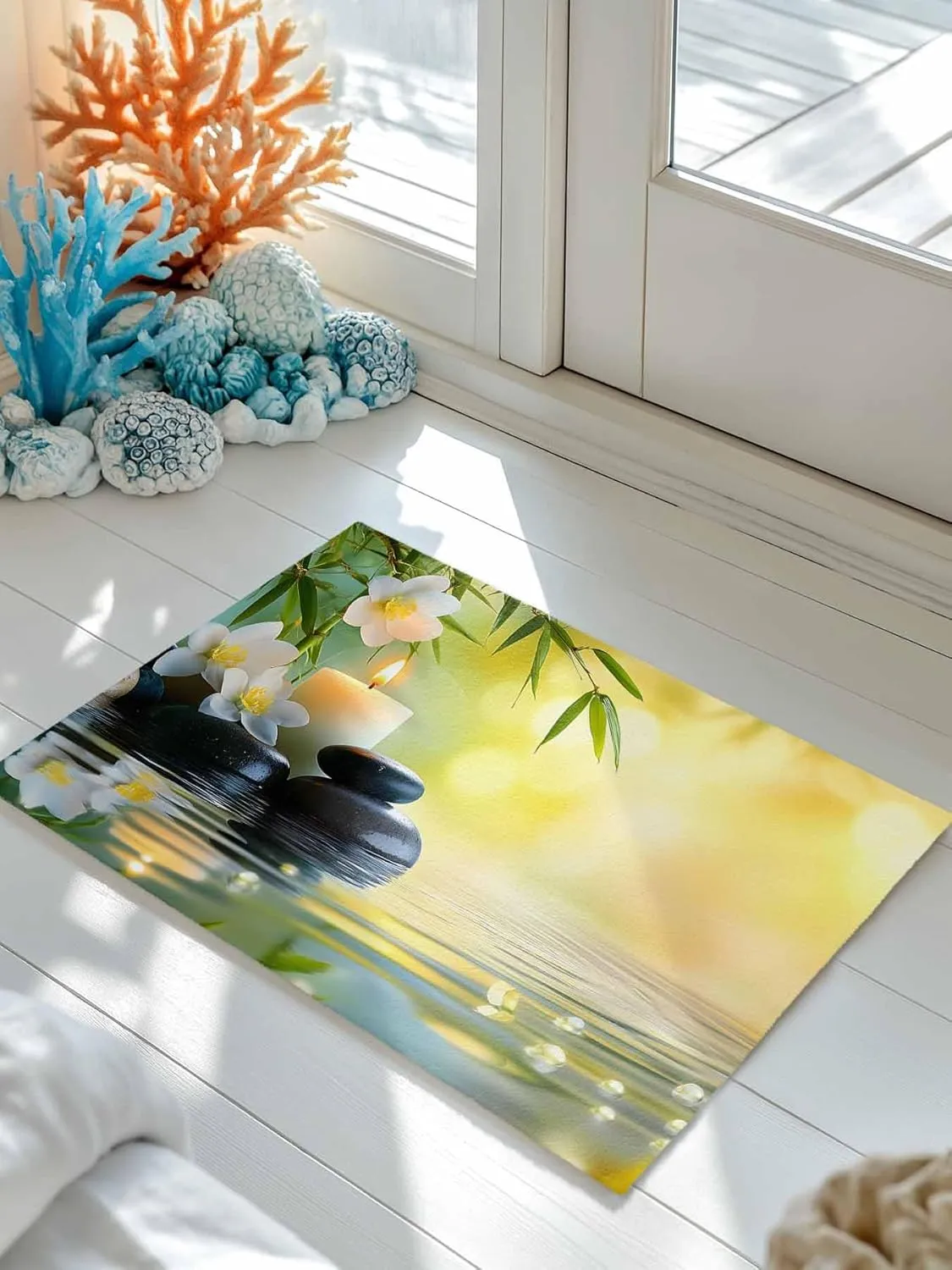Front Doormat Indoor Outdoor Entrance, Zen Plumeria Flower Stone Non-Slip Door Mats Low Profile Patio Porch Entryway Rugs, 24"x36" Green Leaf Water