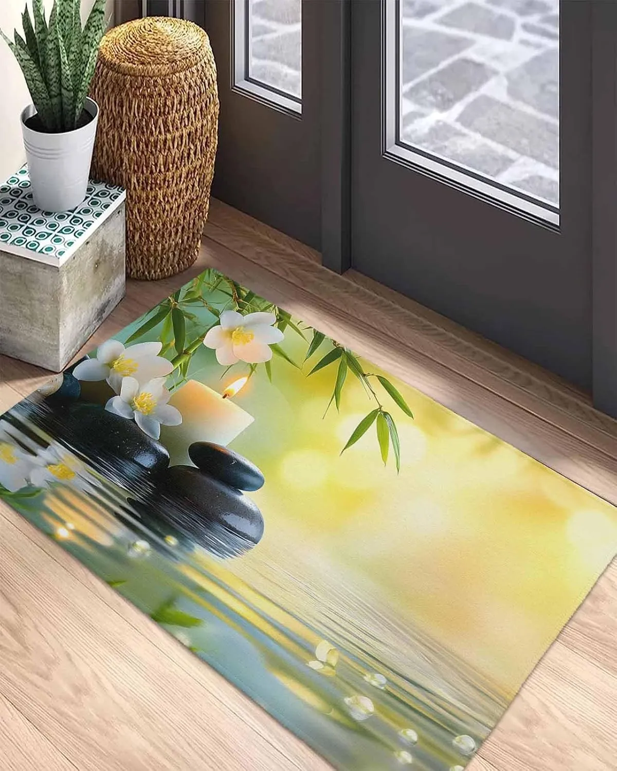 Front Doormat Indoor Outdoor Entrance, Zen Plumeria Flower Stone Non-Slip Door Mats Low Profile Patio Porch Entryway Rugs, 24"x36" Green Leaf Water