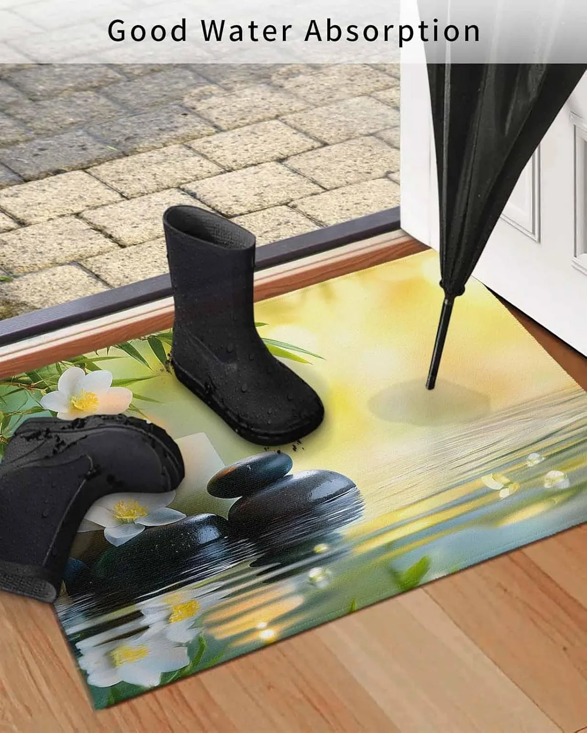 Front Doormat Indoor Outdoor Entrance, Zen Plumeria Flower Stone Non-Slip Door Mats Low Profile Patio Porch Entryway Rugs, 24"x36" Green Leaf Water