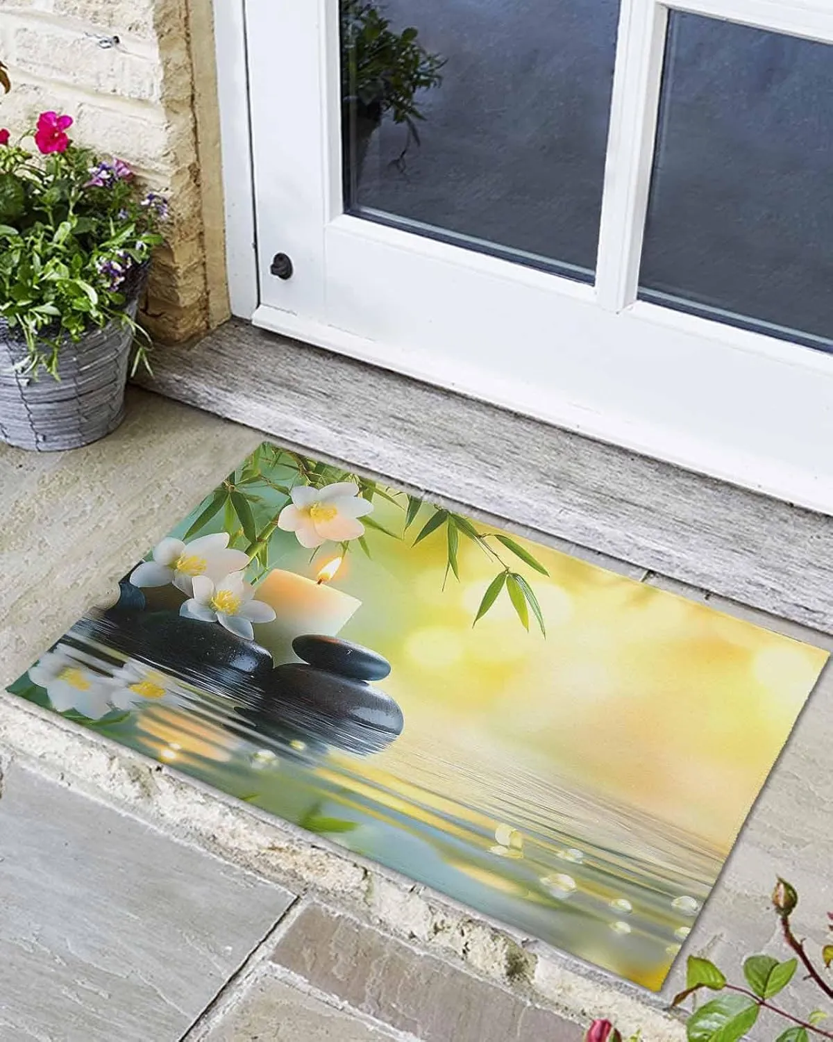 Front Doormat Indoor Outdoor Entrance, Zen Plumeria Flower Stone Non-Slip Door Mats Low Profile Patio Porch Entryway Rugs, 24"x36" Green Leaf Water