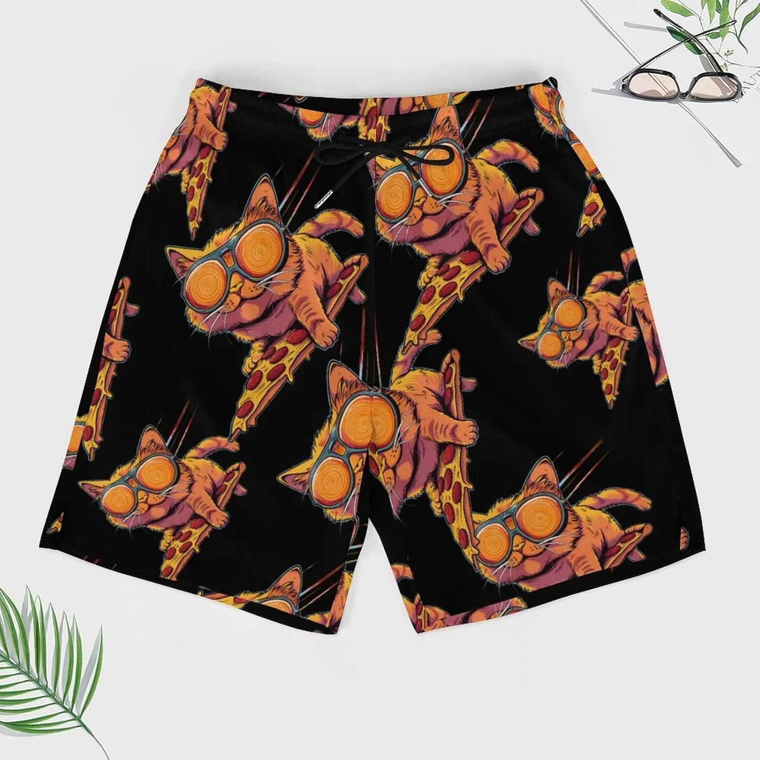 Funny Pizza Cat Men's Swim Trunks Quick Dry Board Shorts Swimwear Beach Shorts with Compression Liner