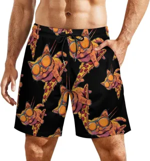 Funny Pizza Cat Men's Swim Trunks Quick Dry Board Shorts Swimwear Beach Shorts with Compression Liner