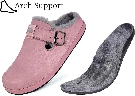 Fur Lined Clogs for Women Men | Suede Winter Slippers with Arch Support | Slip on Mules Potato Shoes with Removable Cushion Footbed | Warm Home House Shoes