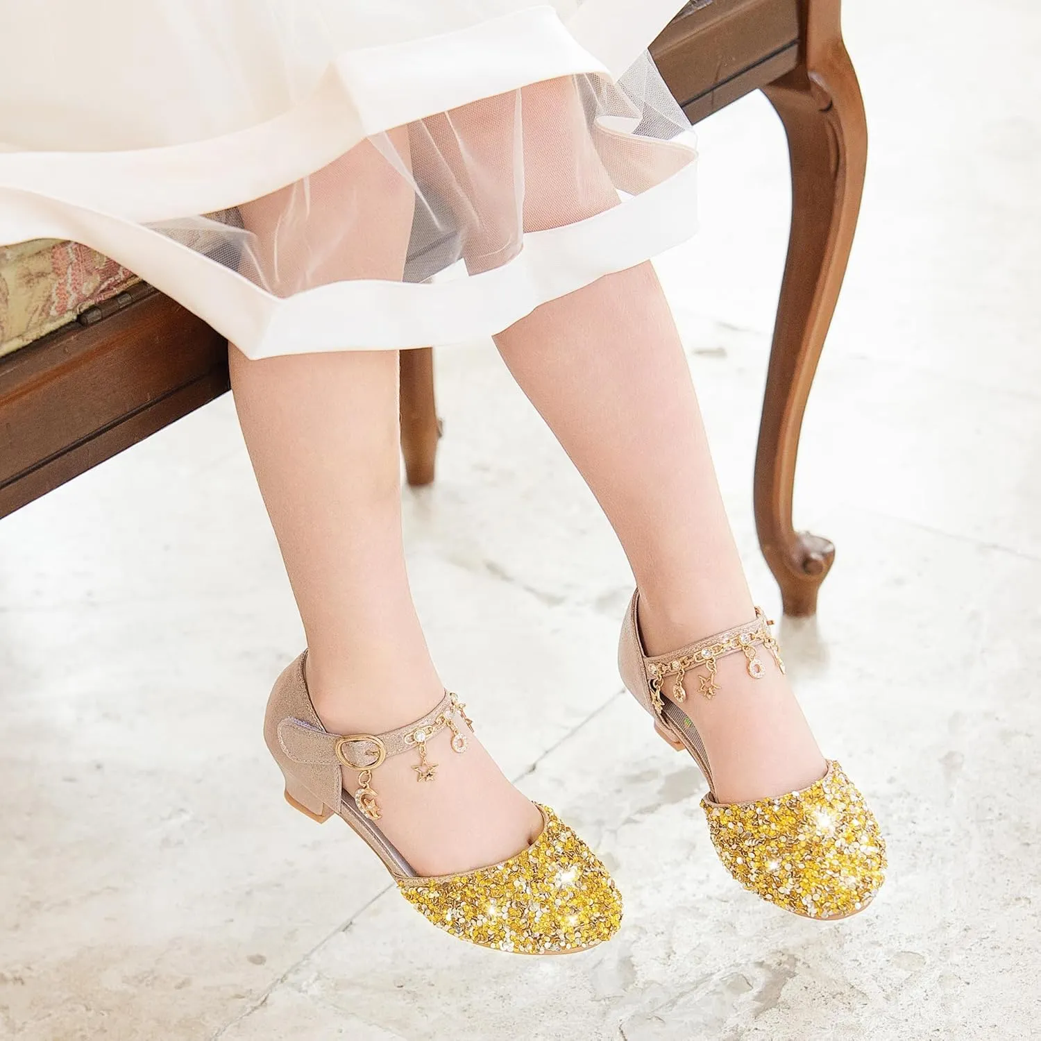 Furdeour Girls Dress Shoes Princess Crystal High Heels Closed Toe Party Wedding Flower Girls Shoes Toddler Little Big Kid