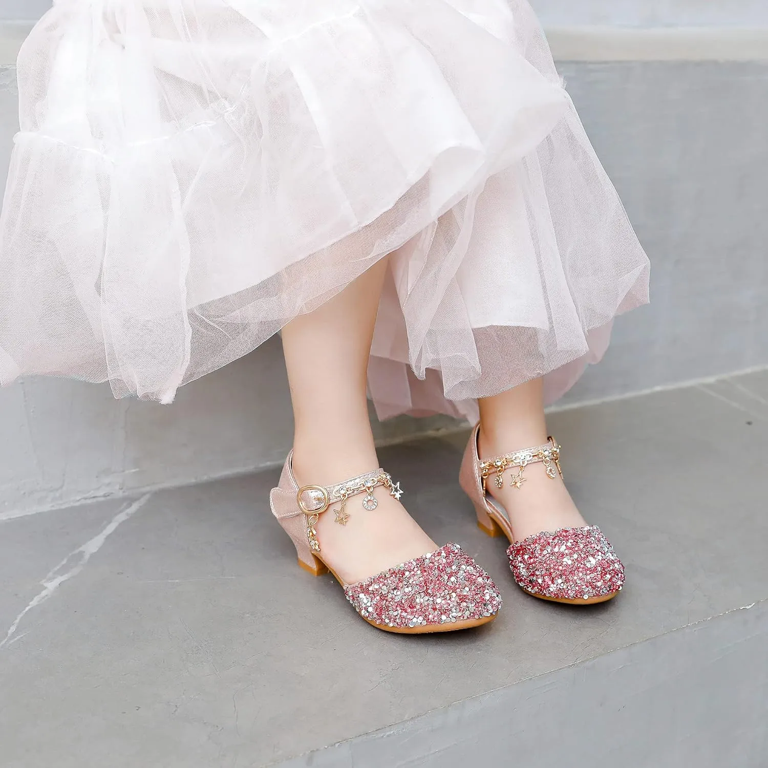 Furdeour Girls Dress Shoes Princess Crystal High Heels Closed Toe Party Wedding Flower Girls Shoes Toddler Little Big Kid