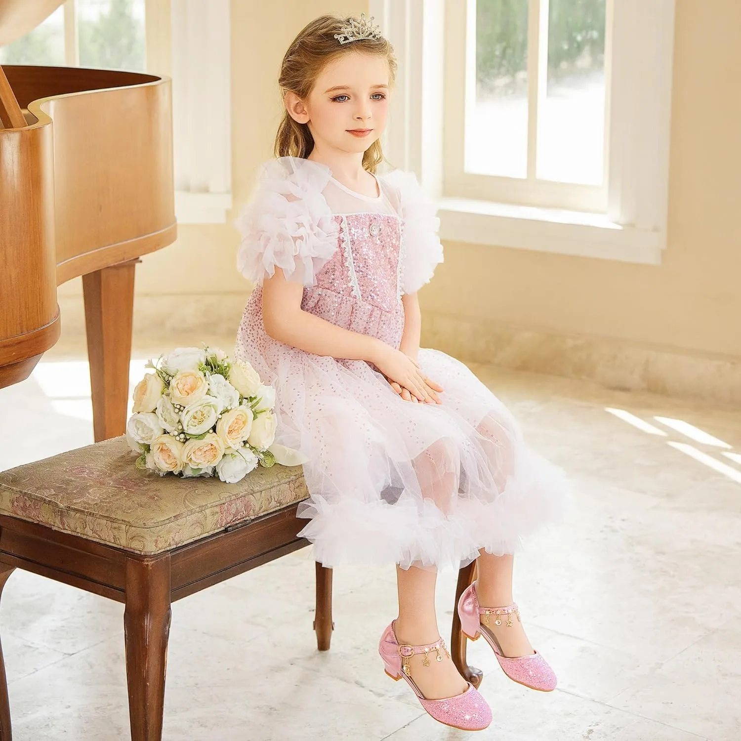 Furdeour Girls Dress Shoes Princess Crystal High Heels Closed Toe Party Wedding Flower Girls Shoes Toddler Little Big Kid