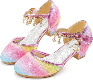 Furdeour Girls Dress Shoes Princess Crystal High Heels Closed Toe Party Wedding Flower Girls Shoes Toddler Little Big Kid