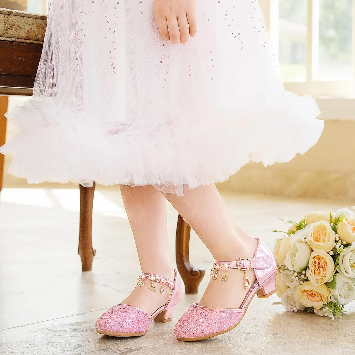 Furdeour Girls Dress Shoes Princess Crystal High Heels Closed Toe Party Wedding Flower Girls Shoes Toddler Little Big Kid