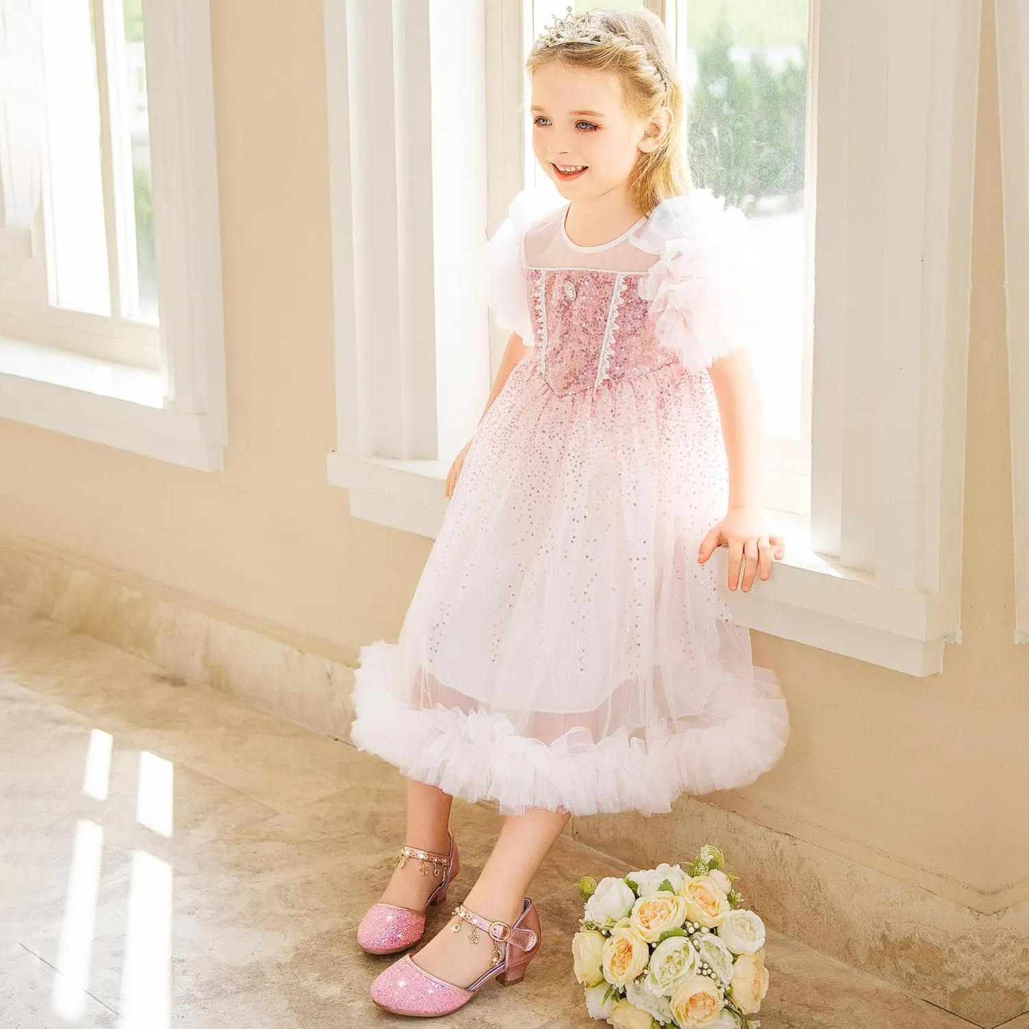 Furdeour Girls Dress Shoes Princess Crystal High Heels Closed Toe Party Wedding Flower Girls Shoes Toddler Little Big Kid
