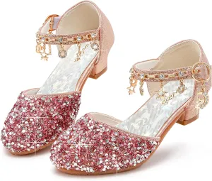 Furdeour Girls Dress Shoes Princess Crystal High Heels Closed Toe Party Wedding Flower Girls Shoes Toddler Little Big Kid