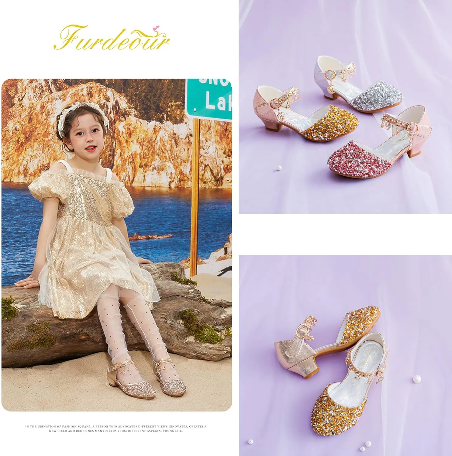 Furdeour Girls Dress Shoes Princess Crystal High Heels Closed Toe Party Wedding Flower Girls Shoes Toddler Little Big Kid