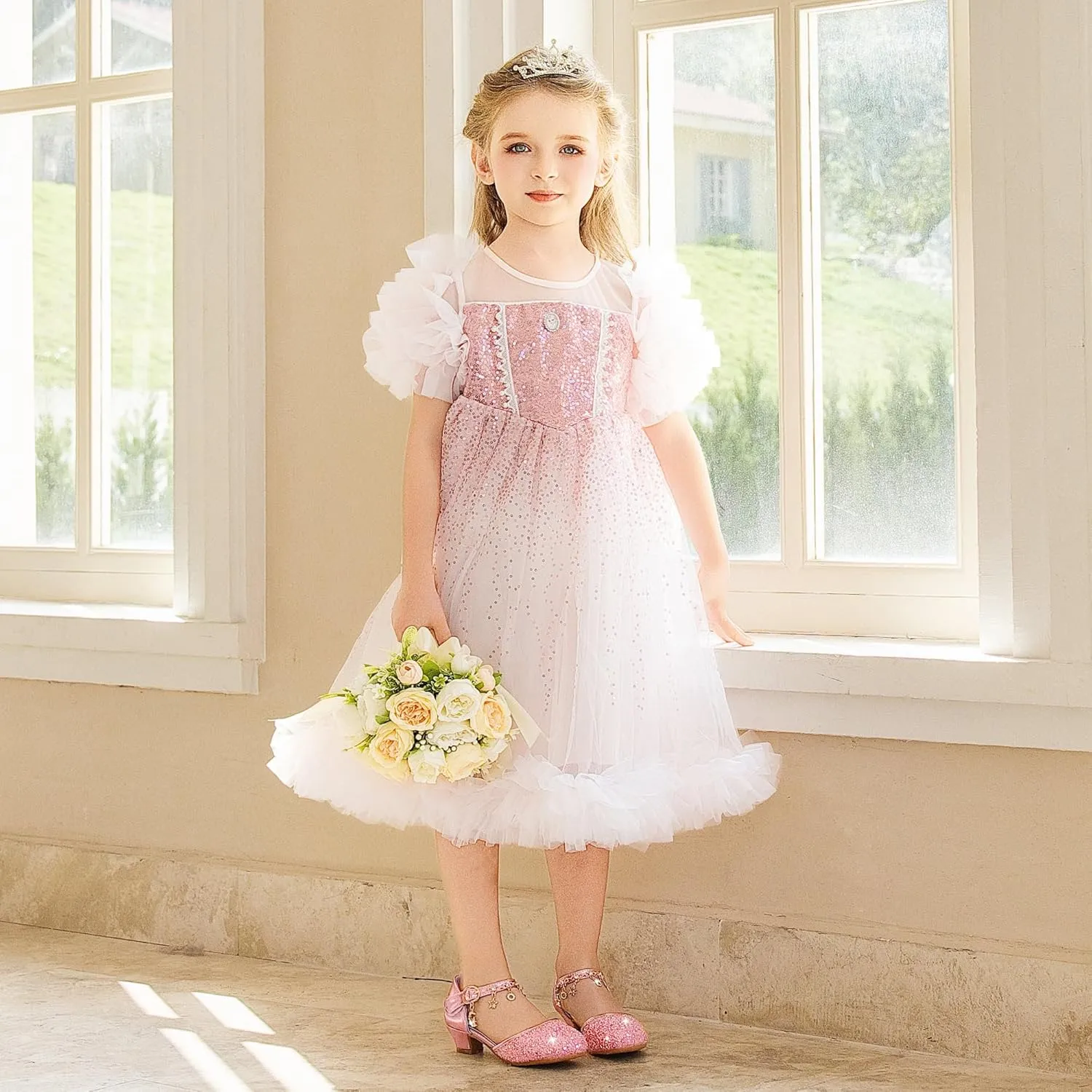 Furdeour Girls Dress Shoes Princess Crystal High Heels Closed Toe Party Wedding Flower Girls Shoes Toddler Little Big Kid