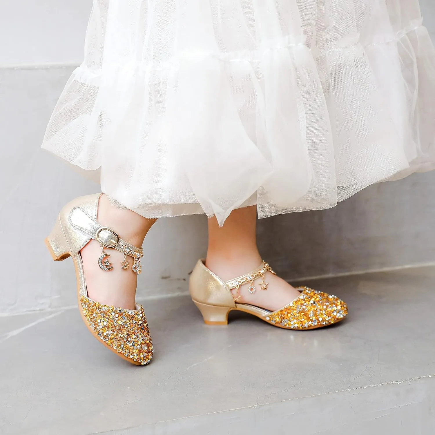 Furdeour Girls Dress Shoes Princess Crystal High Heels Closed Toe Party Wedding Flower Girls Shoes Toddler Little Big Kid